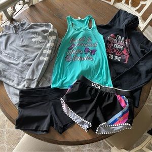 Cheer size S bundle of cheerleading sweatshirt, hoodie, tank top & two shorts